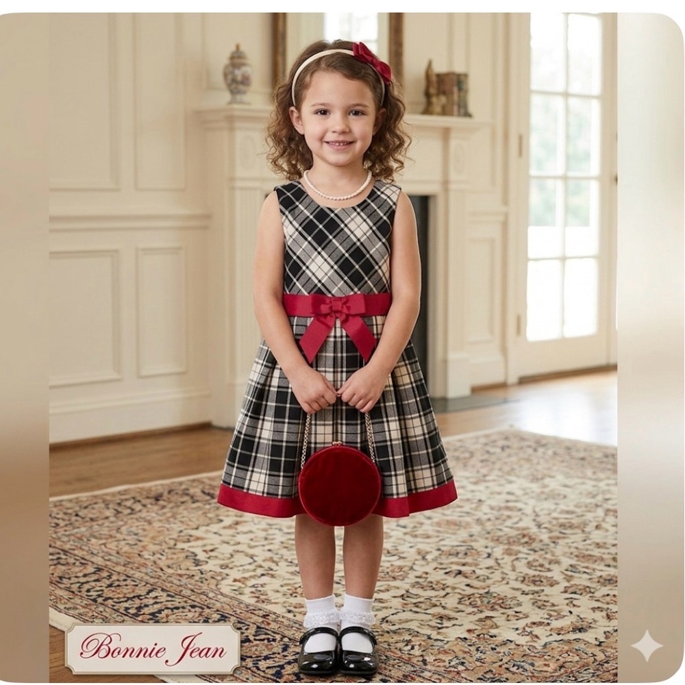 Bonnie Jean SZ 5 Dress Blk/Wht Plaid NWOT Red satin Trim & Bow Cute as a button